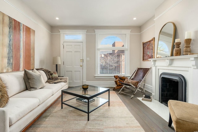 living room with a wealth of natural light and wood-type flooring