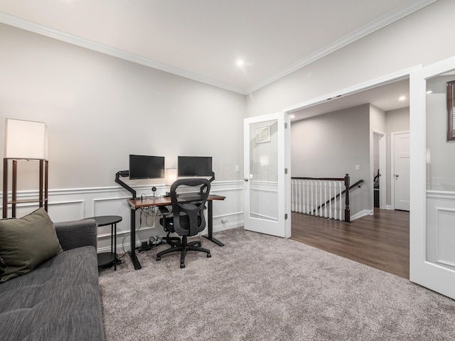 carpeted home office with ornamental molding