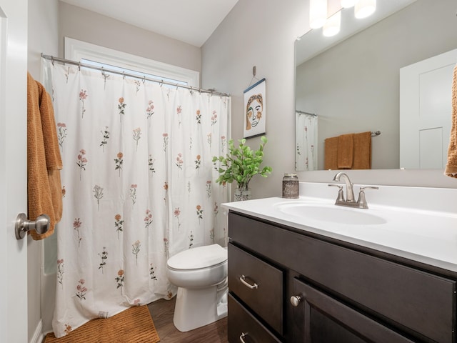 bathroom featuring hardwood / wood-style flooring, vanity, and toilet