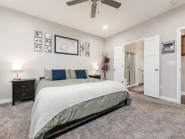 bedroom featuring ceiling fan and carpet floors