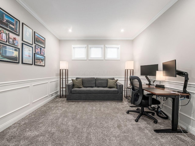 carpeted office featuring crown molding