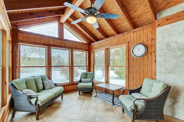 sunroom featuring vaulted ceiling with beams, ceiling fan, and wood ceiling