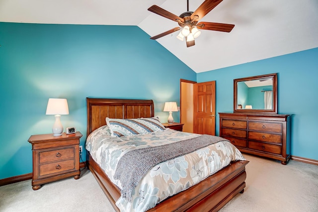 bedroom featuring light colored carpet, ceiling fan, and lofted ceiling