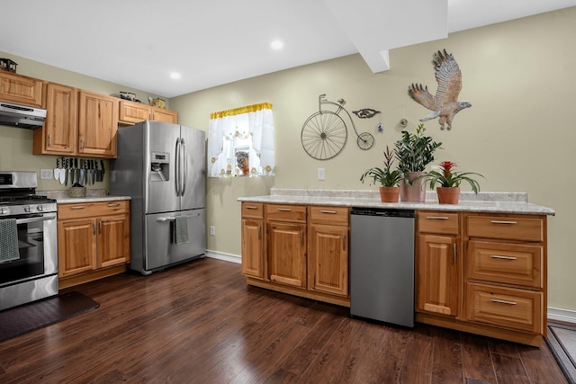 kitchen featuring ventilation hood, dark hardwood / wood-style floors, and appliances with stainless steel finishes