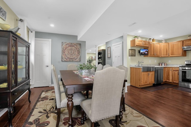 dining area featuring sink and dark wood-type flooring