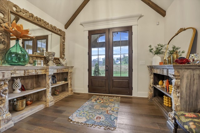 doorway to outside with french doors, beamed ceiling, dark hardwood / wood-style floors, and high vaulted ceiling