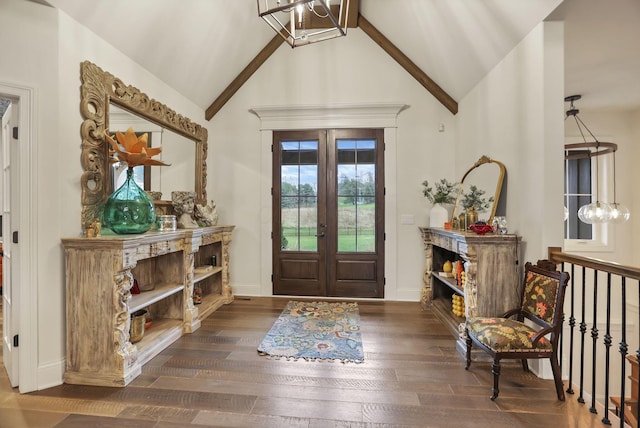 entryway with high vaulted ceiling, french doors, a notable chandelier, beam ceiling, and dark hardwood / wood-style flooring