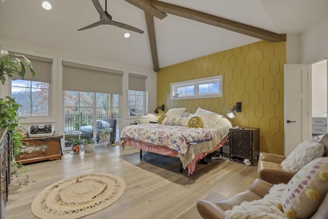 bedroom featuring ceiling fan, beamed ceiling, light hardwood / wood-style floors, and high vaulted ceiling