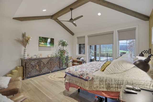 bedroom with hardwood / wood-style flooring, ceiling fan, lofted ceiling with beams, and access to exterior