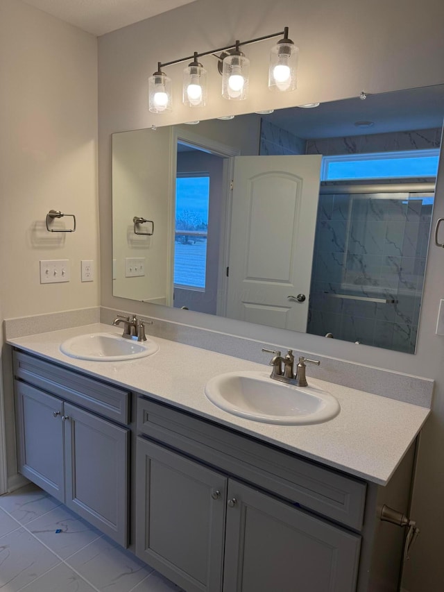 bathroom featuring vanity and a water view