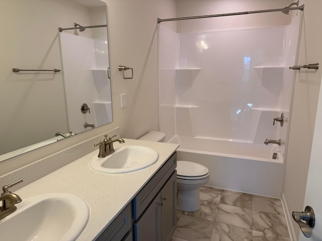 full bathroom with vanity, bathtub / shower combination, and toilet