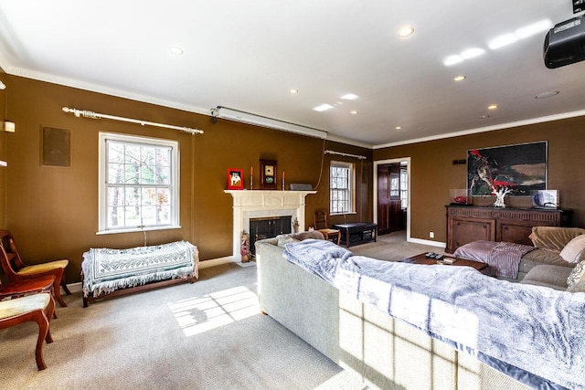 living room with light colored carpet and crown molding