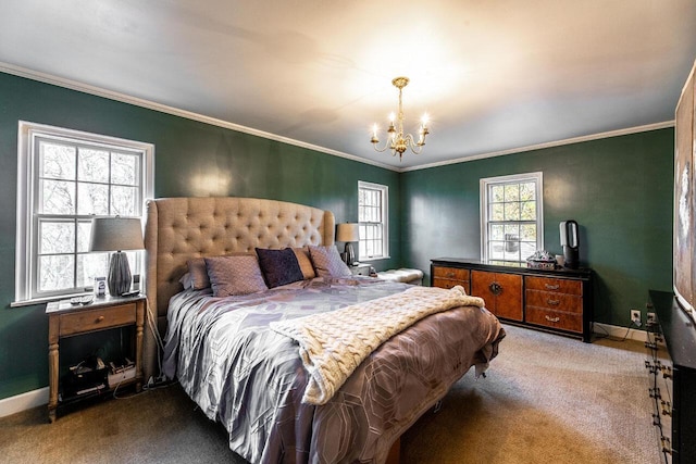 bedroom featuring a notable chandelier, crown molding, and multiple windows