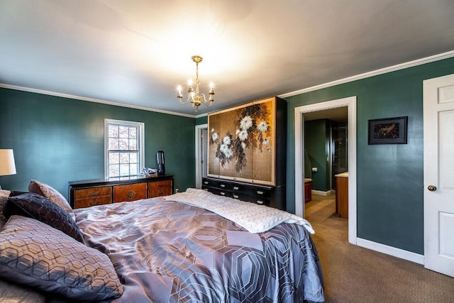 bedroom featuring a chandelier, carpet floors, and ornamental molding