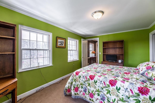 carpeted bedroom with crown molding