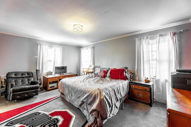 carpeted bedroom with ornamental molding and multiple windows