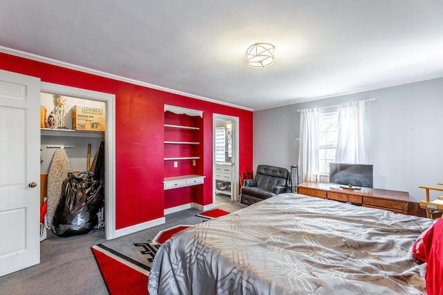 bedroom featuring carpet floors and crown molding