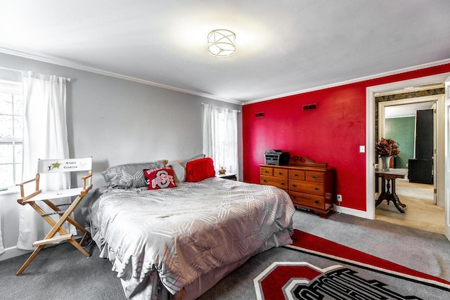 bedroom featuring carpet floors and ornamental molding