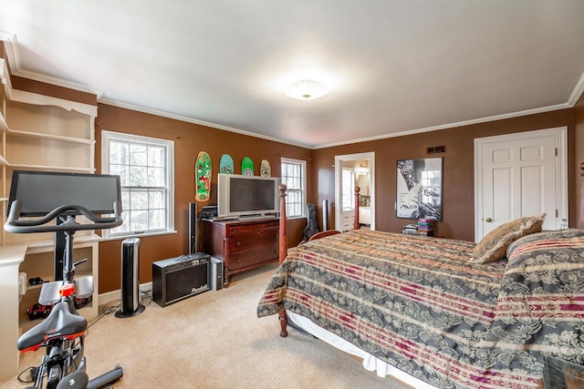 bedroom with light colored carpet and ornamental molding