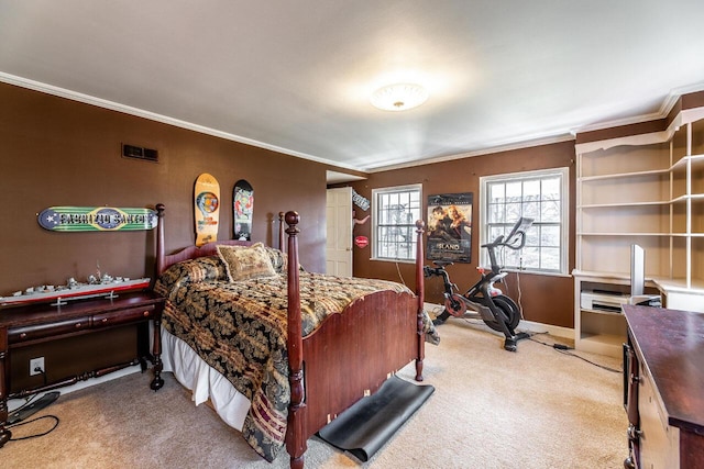 carpeted bedroom featuring ornamental molding