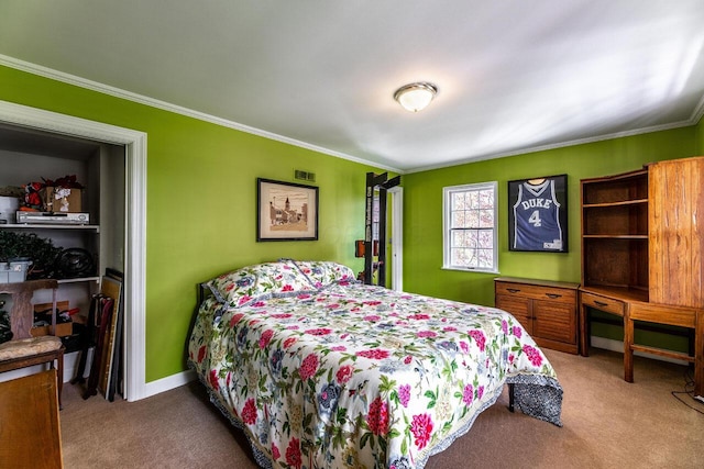 carpeted bedroom featuring ornamental molding