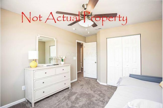 bedroom with light carpet, a closet, and ceiling fan