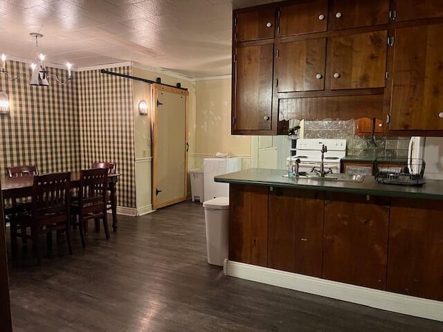 kitchen with sink, a barn door, dark hardwood / wood-style flooring, white electric stove, and pendant lighting