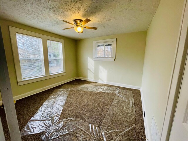 carpeted empty room featuring ceiling fan, plenty of natural light, and a textured ceiling