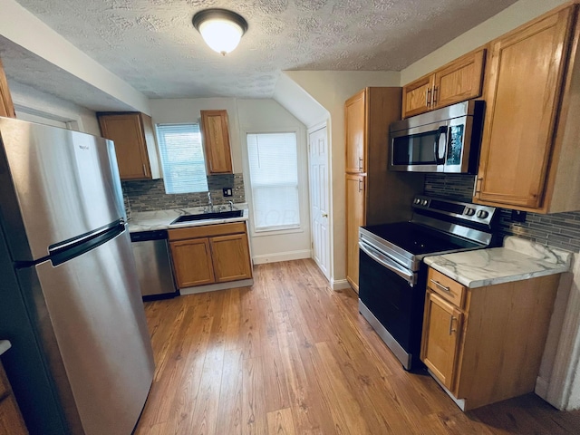 kitchen featuring tasteful backsplash, light hardwood / wood-style flooring, stainless steel appliances, and sink