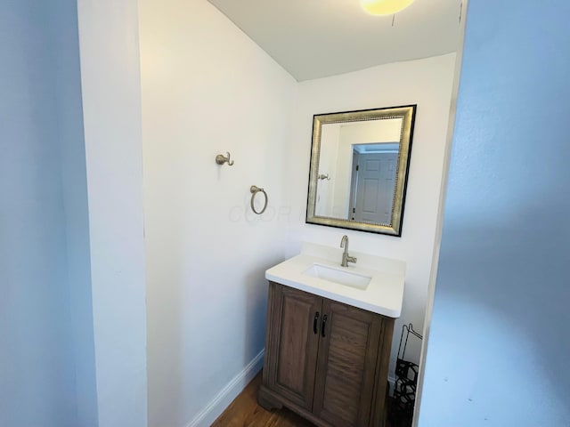 bathroom with vanity and wood-type flooring