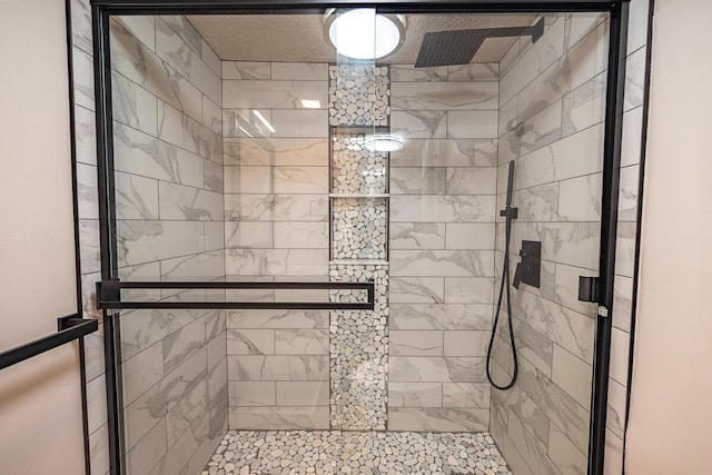 bathroom with a shower with shower door