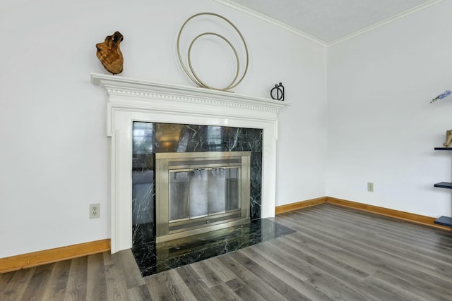 details featuring wood-type flooring, crown molding, and a premium fireplace