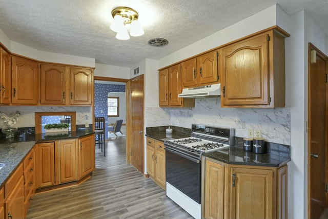 kitchen with light wood-type flooring, white range with gas stovetop, a textured ceiling, and tasteful backsplash