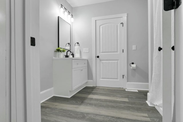 bathroom featuring wood-type flooring and vanity