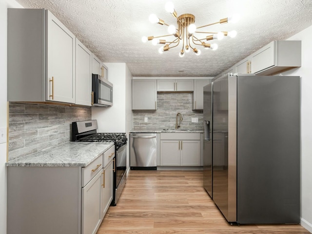 5006 Old Tree Ave, Columbus, OH 43228 - kitchen with appliances with stainless steel finishes, a textured ceiling, a chandelier, backsplash, and light wood-style flooring