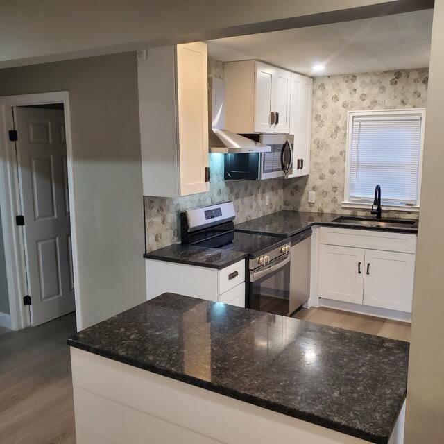 kitchen featuring sink, white cabinetry, stainless steel appliances, and wall chimney range hood