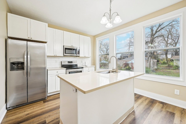 kitchen featuring a center island with sink, white cabinets, and appliances with stainless steel finishes