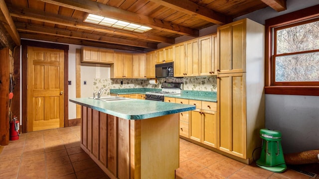 kitchen featuring beam ceiling, sink, wooden ceiling, light brown cabinetry, and black appliances