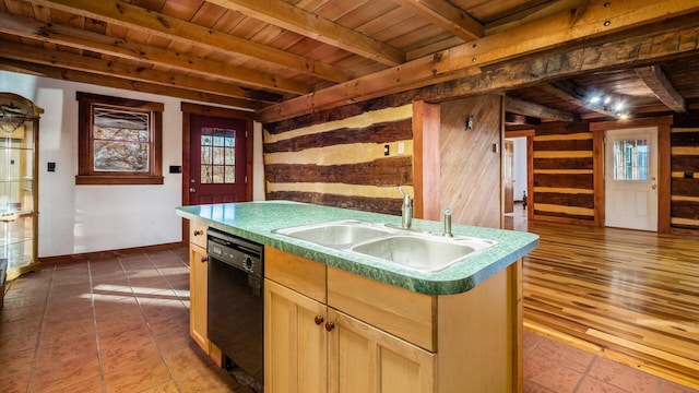 kitchen featuring plenty of natural light, sink, black dishwasher, and an island with sink