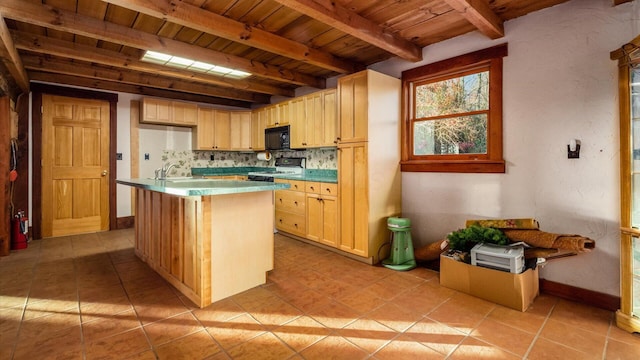 kitchen featuring black appliances, a center island, light tile patterned floors, and light brown cabinetry