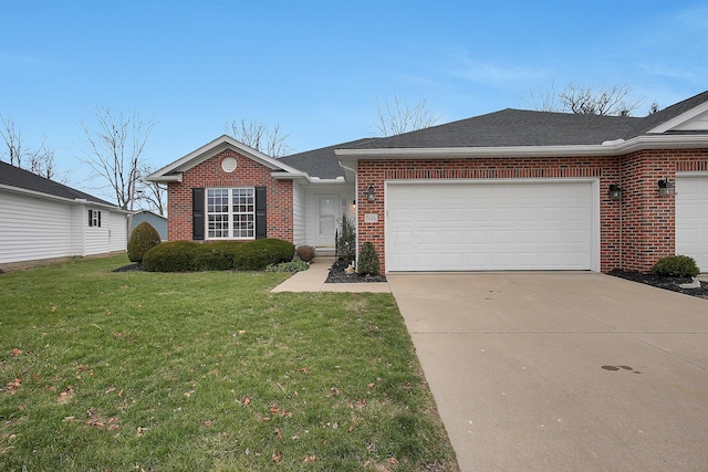 ranch-style home featuring a garage and a front lawn