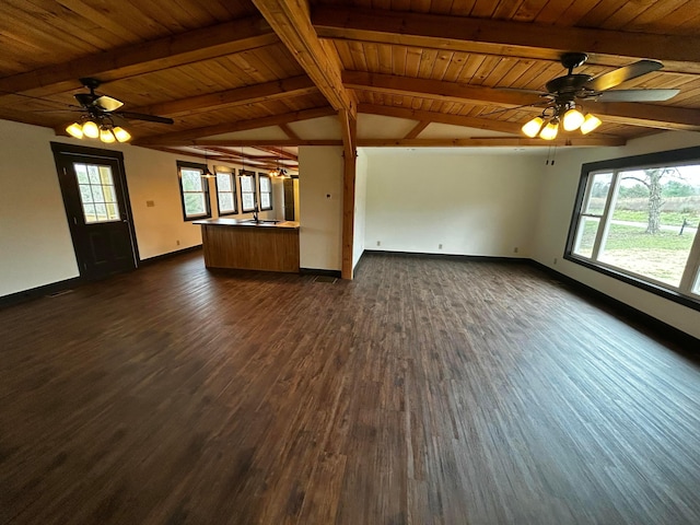 unfurnished living room with vaulted ceiling with beams, ceiling fan, a healthy amount of sunlight, and dark hardwood / wood-style floors