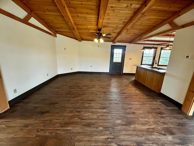 unfurnished living room with sink, vaulted ceiling with beams, dark hardwood / wood-style floors, ceiling fan, and wood ceiling