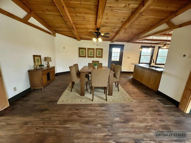 dining area with vaulted ceiling with beams, ceiling fan, dark wood-type flooring, and wood ceiling