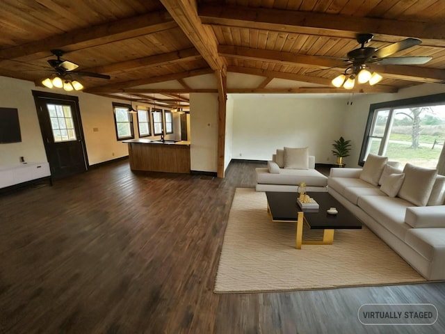 living room with lofted ceiling with beams, a healthy amount of sunlight, dark wood-type flooring, and ceiling fan