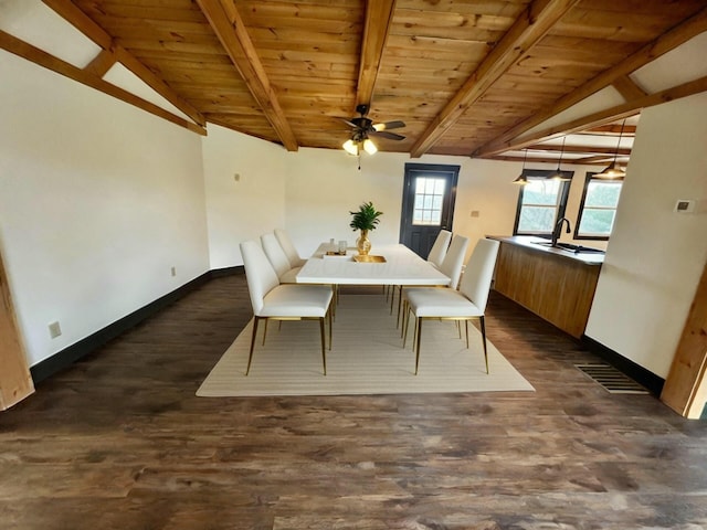 unfurnished dining area featuring lofted ceiling with beams, ceiling fan, dark hardwood / wood-style flooring, and sink