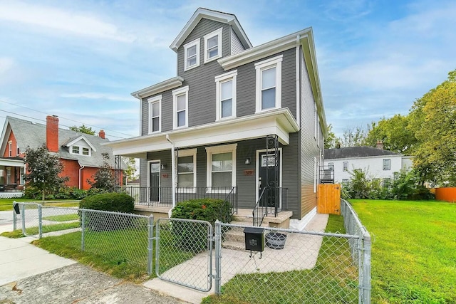 view of property with a porch and a front yard