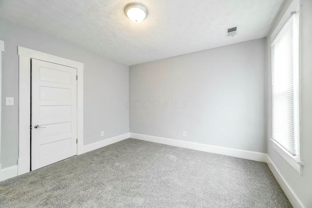 carpeted spare room featuring a textured ceiling and a wealth of natural light