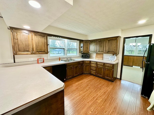 kitchen with sink, light hardwood / wood-style flooring, a notable chandelier, a textured ceiling, and black appliances