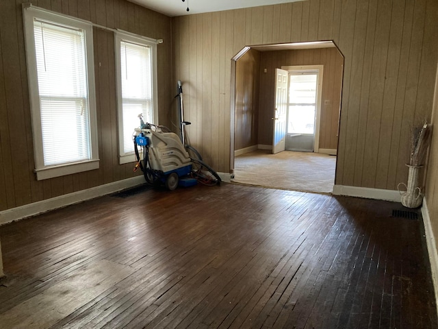 empty room with wood walls, dark hardwood / wood-style flooring, and a wealth of natural light